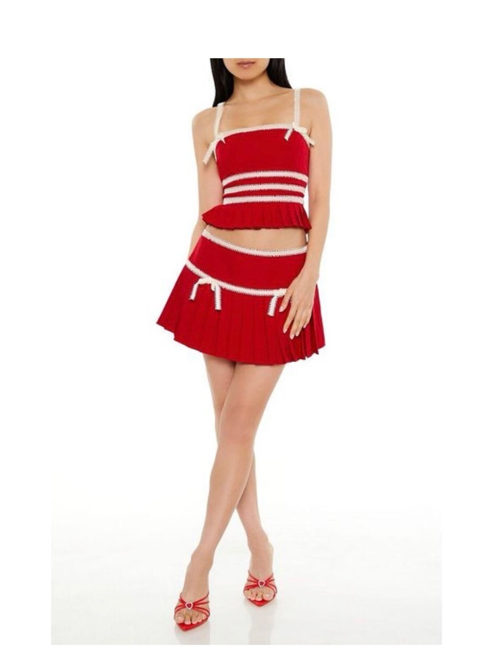 Forever 21 Red Knit Cropped Tank and Pleated Mini Skirt Set